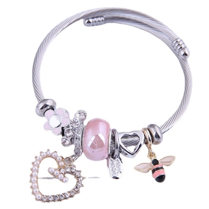Pink bee and heart pearl charm bracelet with adjustable silver wire coil for women