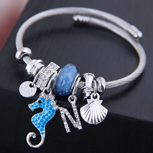Seahorse Shell Charm Open Cuff Bangle Bracelet Stainless Steel Wire Alloy Rhinestone Nautical Jewelry For Women
