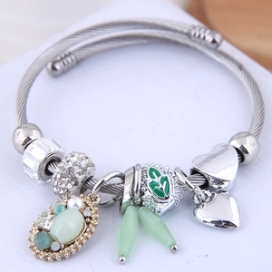 Bohemian Multi Charm Bangle Bracelet Alloy Steel Wire Adjustable Heart Oval Faux Gemstone Ethnic Jewelry Women