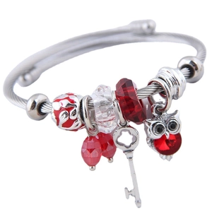 Adjustable stainless steel wire bracelet with owl pendant and red crystal beads