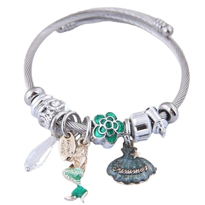 Bracelet À Breloques Sirène Coquillage Thème Océan Alliage Fil D'acier Jonc Torsadé Émail Strass Bijoux D'été Pour Femmes