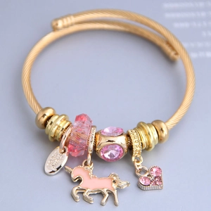 Bracelet Jonc En Fil D'acier Inoxydable Breloque Alliage Strass Cœur Licorne Pendentif Perles Cristal Bijoux Pour Femmes