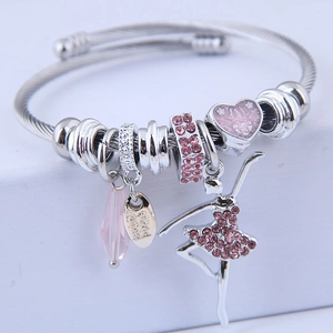 Ballet Girl Charm Bangle Bracelet Alloy Steel Wire Beaded Heart Water Drop Crystal Jewelry For Women Girls Fashion