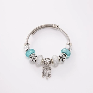 Beaded Dreamcatcher Bangle Alloy Glass Beads Feather Charm Bracelet Bohemian Vintage Style For Women