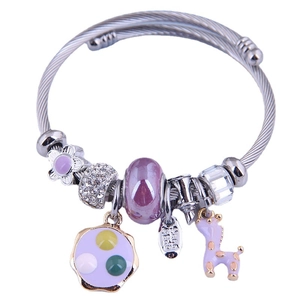 Silver charm bracelet with purple enamel flowers, giraffe pendant and handmade tag