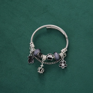 Stainless Steel Cable Wire Bangle Bracelet With Animal Crown Flower Charms And Purple Crystal Beads Adjustable Fashion