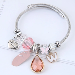 Stainless Steel Twisted Wire Charm Bracelet For Women With Alloy Heart Feather Butterfly And Crystal Beads Lovely Style
