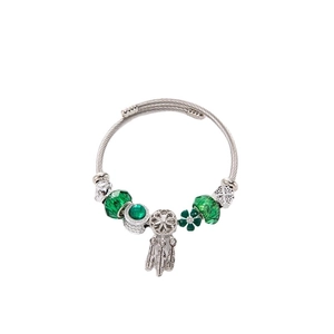 DIY stainless steel snake chain bracelet with green beads and dreamcatcher charm