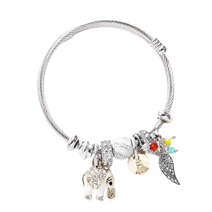 Bracelet jonc en acier inoxydable argenté avec breloques éléphant et plume bohème