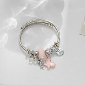 Bracelet À Breloques En Acier Inoxydable Papillon Rose Pendentif Arête De Poisson Réglable Bijoux En Cristal Pour Femmes