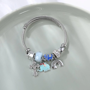 Stainless Steel Wire Bracelet With Enamel Elephant Rhinestone Cross Rainbow Charms Beads Adjustable Jewelry For Women