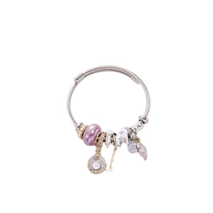 Adjustable steel wire bracelet with purple beads, shell pearls and engraved charms