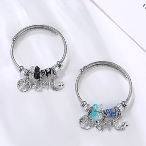 Stainless Steel Twisted Cable Charm Bracelet For Women Elephant Tree Of Life Star Moon Crystal Beads Adjustable Bangle