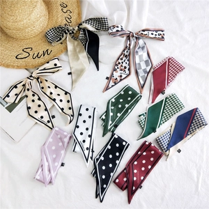 Women Skinny Scarf Polyester Satin Feel Narrow Long Ribbon Twilly For Bag Handle Neck Hair Polka Dot Houndstooth Print