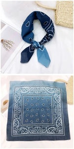 Detailed blue Paisley cotton linen square scarf with delicate rolled edges and floral print