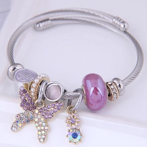 Stainless Steel Wire Bangle Adjustable Open Bracelet With Rhinestone Butterfly Flower Charms Glass Beads Imitation Artificial Pearls Romantic Fashion Jewelry