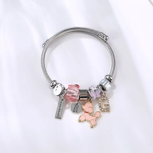 Twisted Wire Cuff Bracelet Stainless Steel Alloy Poodle Butterfly Charms Pink Crystal Rhinestone Bangle For Women