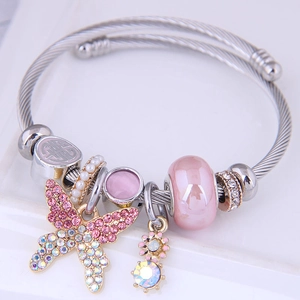 Steel wire charm bracelet with pink crystal butterfly, pearls and silver beads
