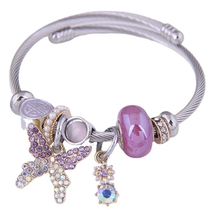 Adjustable stainless steel wire bracelet with purple crystal butterfly and pearl tassels