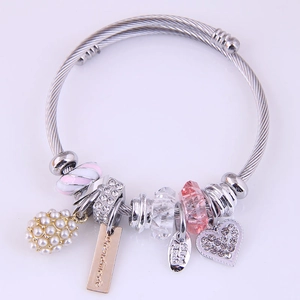 Silver steel wire bracelet with crystal heart pendant and pearl charms for women