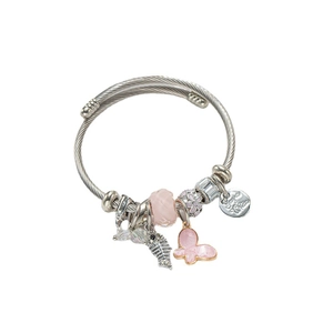 Bracelet à breloques en acier inoxydable avec papillon rose, arête de poisson et cristaux