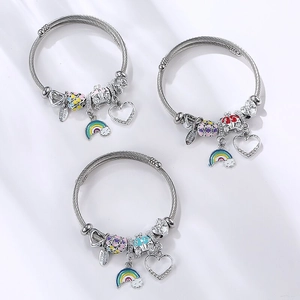 Bracciale Rigido Con Ciondoli In Acciaio Inossidabile Per Donna Boho Smalto Arcobaleno Cuore Carrozza