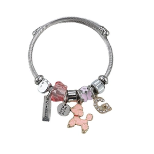 Silver twisted wire bracelet with pink poodle, crystal beads and handmade charms