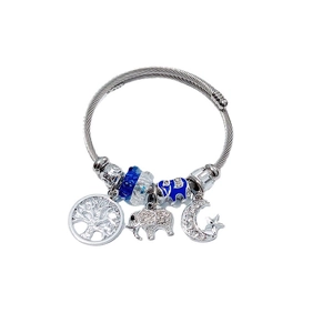 Silver steel wire bracelet with tree of life and blue enamel elephant charms