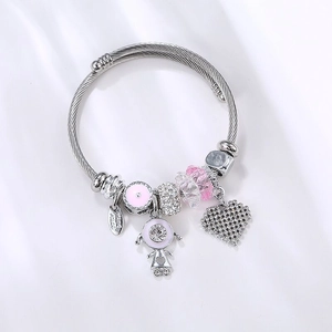 Bracelet Jonc À Breloques En Fil D'Acier Inoxydable Perles Cristal Rose Émail Alliage Pendentif Coeur Fille