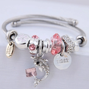 Dolphin Charm Stainless Steel Wire Bangle With Rhinestone Crystal Beads Fashion Jewelry For Women