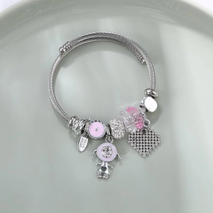 Bracelet à breloques ajustable en acier inoxydable avec perles en cristal rose