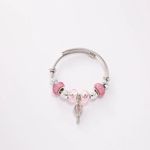 Silver woven steel bangle with pink beads and hot air balloon charm pendant