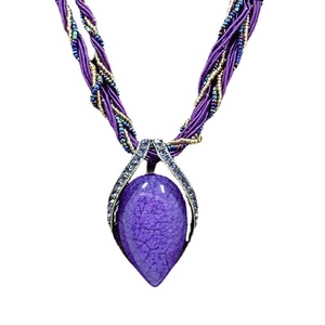 Bohemian purple teardrop pendant necklace with ethnic style multi-strand woven bead cord