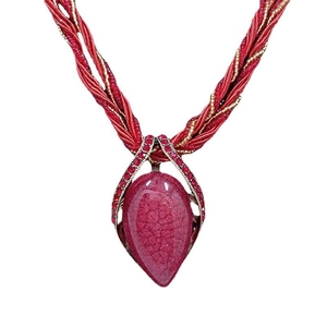 Ethnic bohemian style necklace with red water drop pendant and beaded silk cord