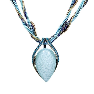 Detailed view of bohemian teardrop pendant with light blue stone and beaded cord