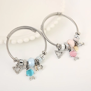 Bohemian Stainless Steel Wire Bangle Bracelet With Alloy Fish Cat Eye Stone And Rhinestone Heart Charms For Women
