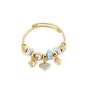 Bracelet ajustable en acier doré avec breloques en cœur et perles en cristal arc-en-ciel