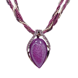 Bohemian purple teardrop pendant necklace with beaded multilayer cord and crystal frame