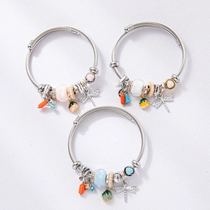 Dragonfly Flower Beaded Cable Bracelet Stainless Steel Heart Artificial Pearl Charm Bangle For Women Sweet Jewelry