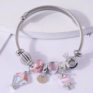 Stainless Steel Twisted Wire Charm Bangle With Rabbit Crown And Hot Air Balloon Pendant Glass Beads For Women