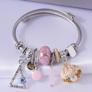 Stainless Steel Cable Wire Charm Bracelet With Alloy Shell Imitation Artificial Pearl Rhinestone Pendants Fashion DIY Jewelry Women