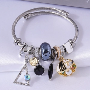 Chic silver triangle crystal bracelet with beaded pearl and shell charms for women