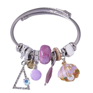Silver beaded charm bracelet with purple stones, gold 福 pendant and pearl shell charms