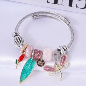 Bracelet Jonc À Breloques Libellule Fleur Fil D'Acier Alliage Bracelet Perlé Ajustable Bijoux Style Bohème Nature Pour Femme