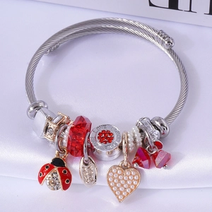 Adjustable stainless steel charm bracelet with ladybug pendant and red crystal beads