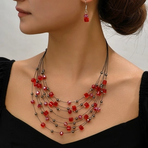 Bohemian multi-layer crystal beaded necklace and earrings set in vibrant red and black