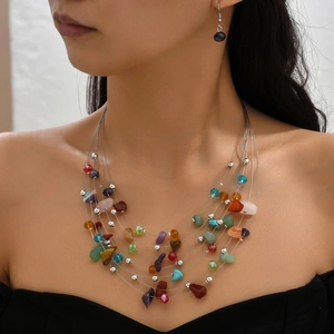 Bohemian multi-layer necklace and earring set featuring colorful natural crushed stones