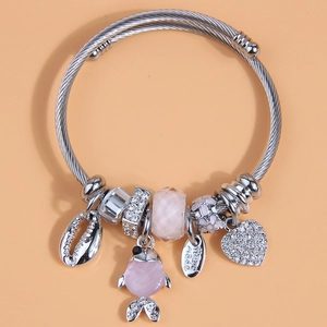 Stainless Steel Wire Rope Open Bangle Bracelet With Alloy Heart Fish Shell Charms Crystal Rhinestones Jewelry For Women