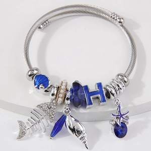 Ocean Theme Charm Bangle Alloy Stainless Steel Enamel Rhinestone Faux Artificial Pearl Fishbone Starfish Conch Bracelet Elegant Jewelry