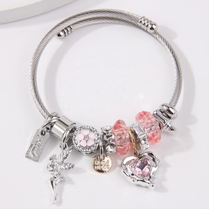 Stainless Steel Alloy Cuff Bangle With Heart Crystal Fairy Beads Twisted Wire Open Bracelet For Women Fashion Style